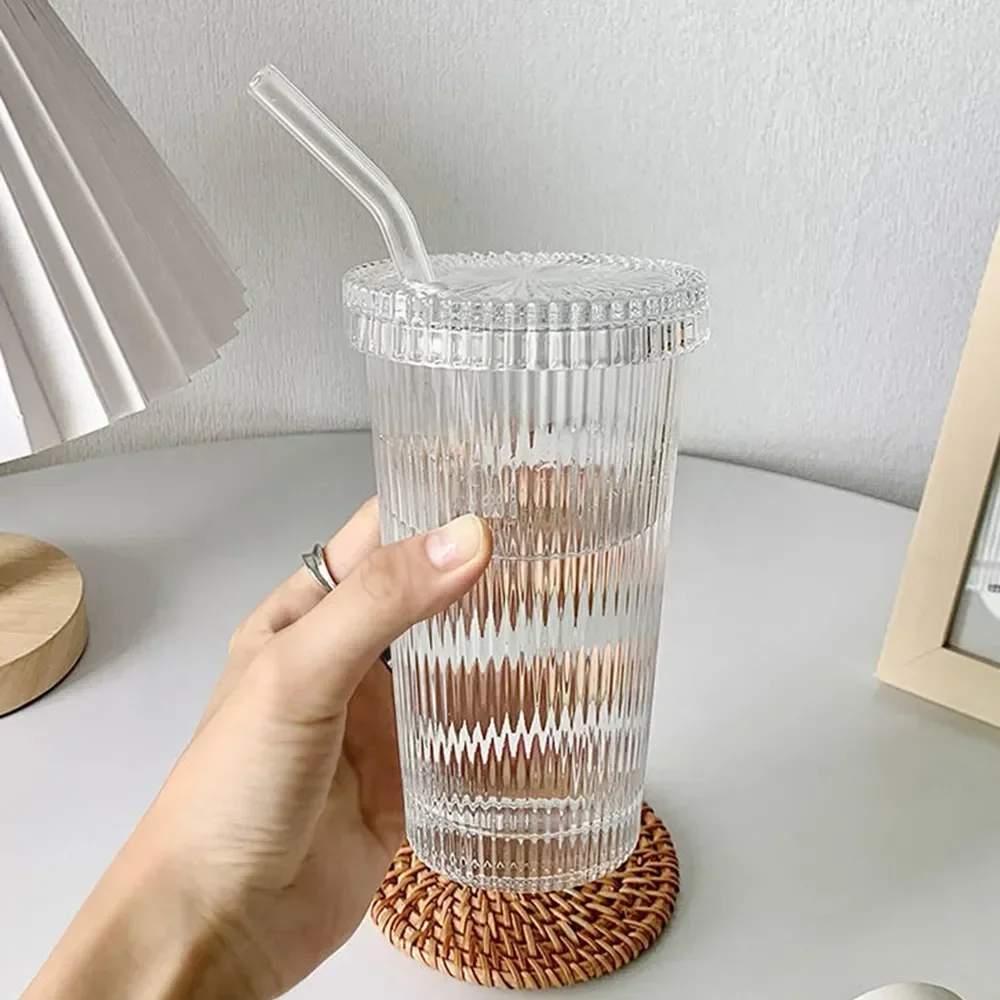 

Beer Straw Mug Breakfast Simple Lid Mocha Juice Cups Stripe 375ml With Milk And Cup Bubble Tea Can Cup Glass Glass Transparent