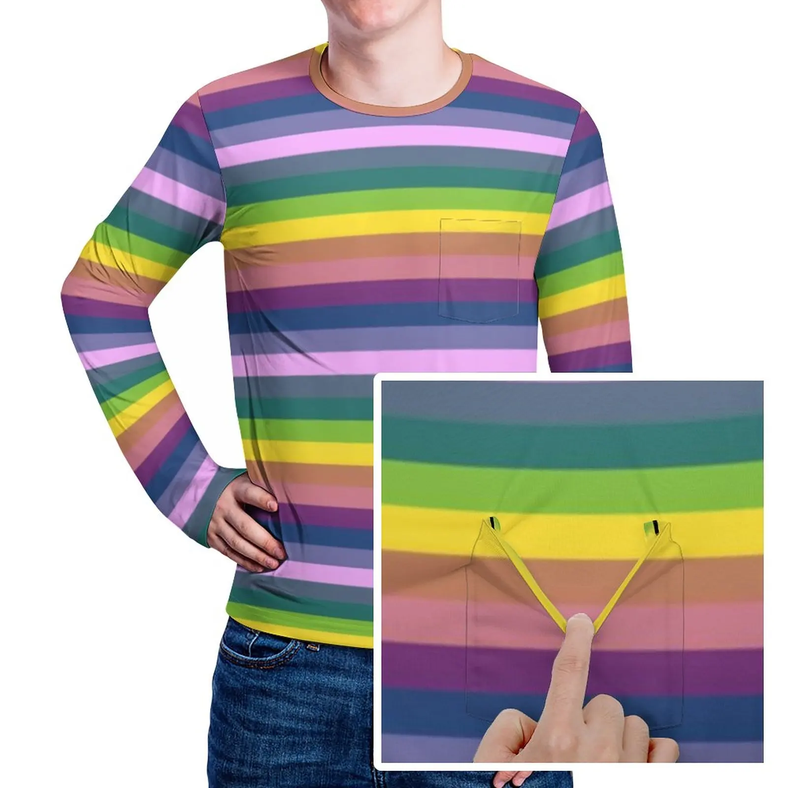 

80S Stripes T-Shirt Colorful Stripe Line Pattern Men Trending T Shirts Pocket Autumn Design Tees Long Sleeve Fun Oversized Gift