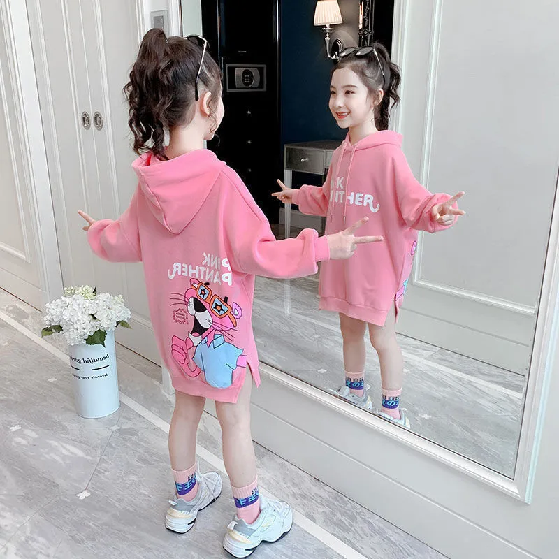 

2023 Spring Autumn Baby Girls Dresses Cartoon Hooded Print Princess Long Sleeve T-shirt Beach Kid Sports Dresses3-14