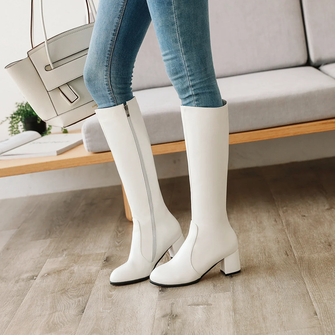 

2022 Autumn Winter High Heel Boots White Black Womens Shoes Long Knight Ride Knee High Boots Female Shoe Plus Size 45 46 47 48