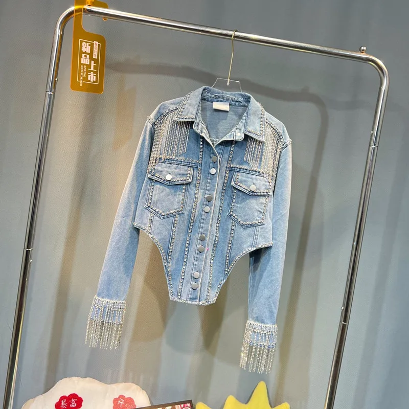 

Studded Short Jacket High Street Full Sleeve Tassels Denim Coat Women Diamonds Outfit With Fringe Tops Chaqueta de mezclilla