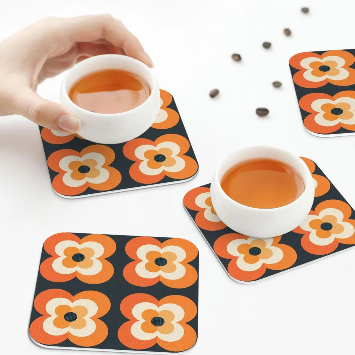 

Retro Flowers - Orange And Charcoal Coasters PVC Leather Placemats Non-slip Insulation Coffee Mats Kitchen Dining Pads Set of 4