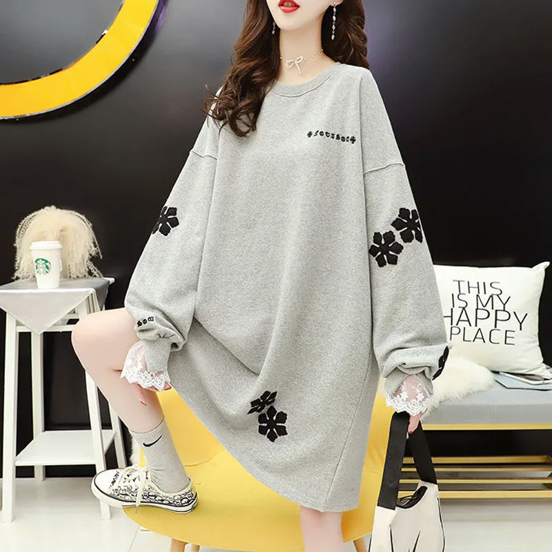 

Snowflake Appliques Korean Fashion Elegant Lace Long Sleeve Pullover Tunic Top Female Autumn Casual Oversized Sweatshirt Women