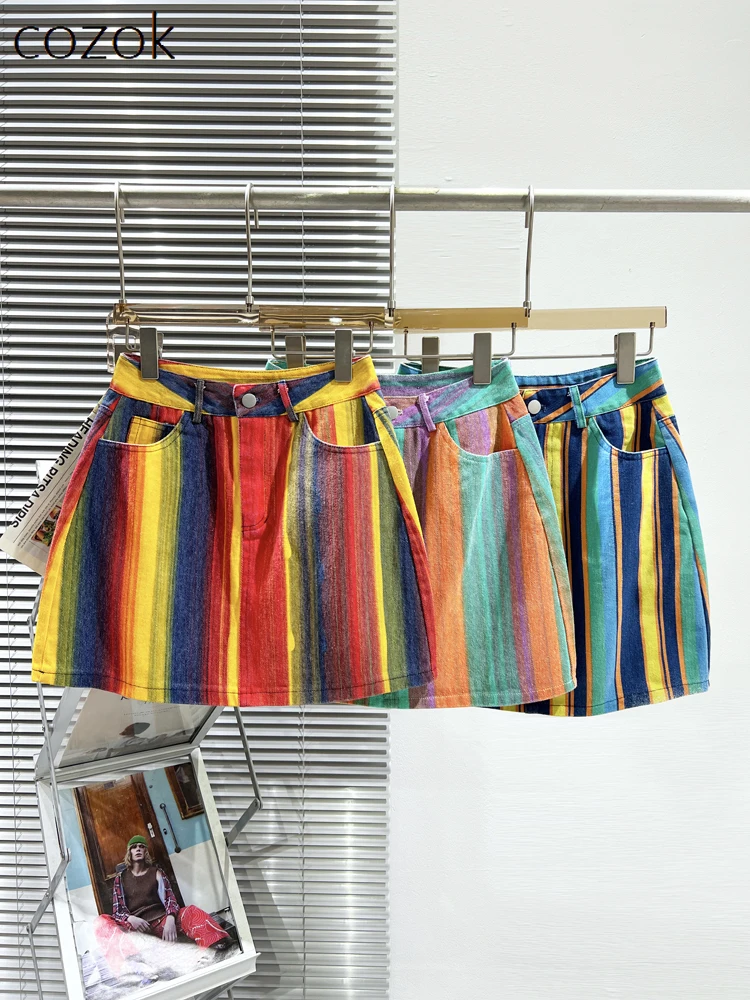 Ladies New 2023 Summer New Colorful Striped Rainbow Printing Skirt High Waist Denim Skirt Female A- Line Sheath Hot Girl Skirts
Ladies New 2023 Summer New Colorful Striped Rainbow Printing Skirt High Waist Denim Skirt Female A- Line Sheath Hot Girl Skirts