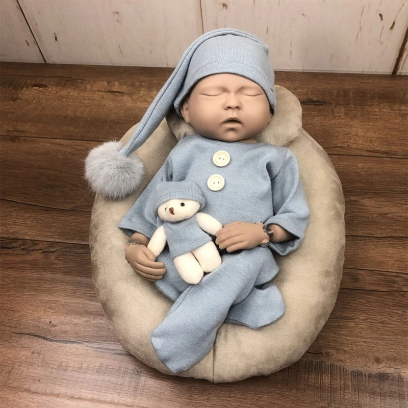 

3 Pcs Newborn Photography Props Outfit Baby Long Sleeves Romper Hat Doll Set Infants Photo Shooting Tail Pompom Beanies