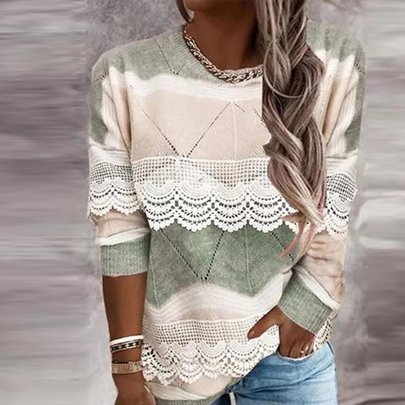 

Женский вязаный свитер с кружевом, Элегантный Повседневный пуловер контрастных цветов с длинным рукавом и круглым вырезом, офисные теплые Джемперы для осени