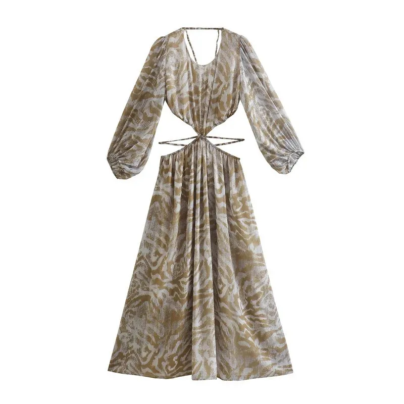 Explosions Ins Women's Sexy Openwork Backless Waist Fashion Nine-point Sleeve Strap Design Printing Long Dress In Summer 2022
Explosions Ins Women's Sexy Openwork Backless Waist Fashion Nine-point Sleeve Strap Design Printing Long Dress In Summer 2022