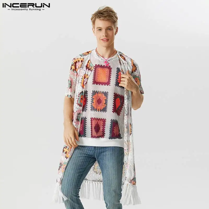 Модные повседневные топы INCERUN, новые мужские Длинные Стильные кружевные тонкие рубашки с кисточками, Свободный кардиган с коротким рукавом, блузка, 2023
Модные повседневные топы INCERUN, новые мужские Длинные Стильные кружевные тонкие рубашки с кисточками, Свободный кардиган с коротким рукавом, блузка, 2023
