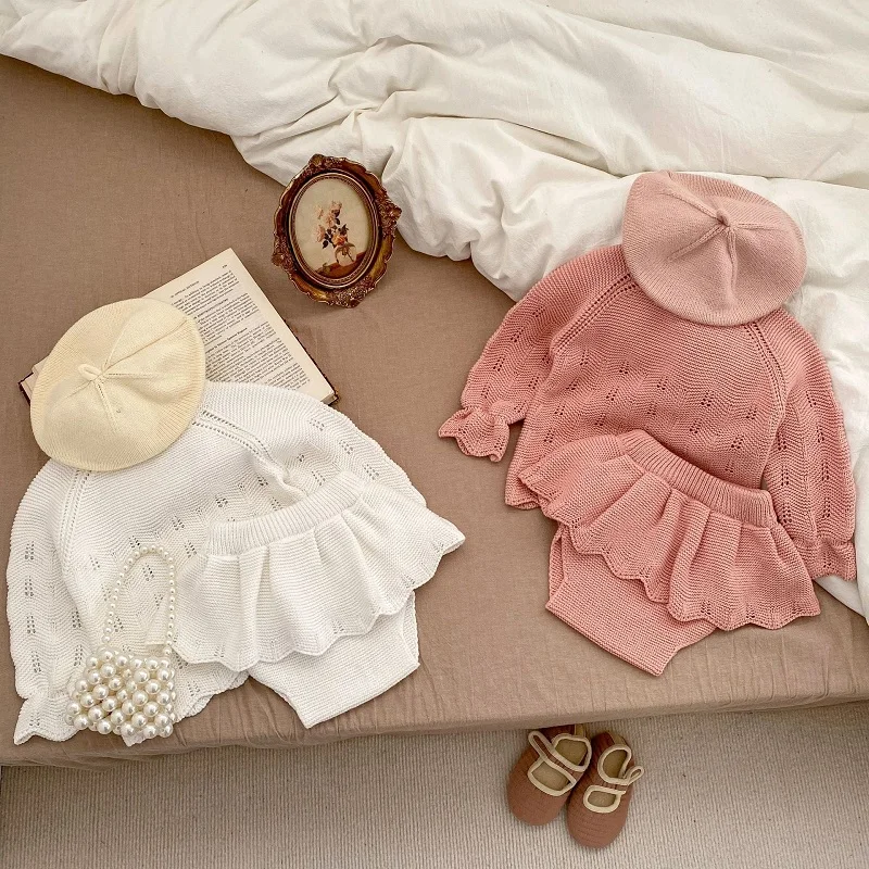 

2023 Newborn Baby Girl Clothes Set 0-3Years Kids Solid Color Long Sleeve Knitted Sweater +Skirted Bloomers Shorts Autumn Outfits
