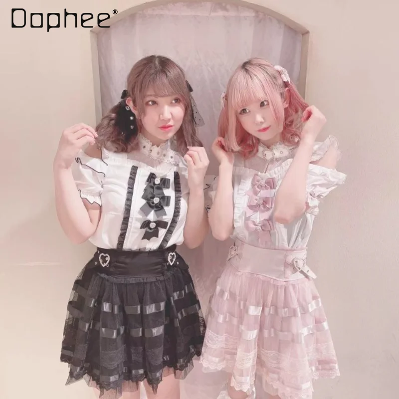 Lolita Sweet Girl Top Blusas Japanese Mine Mass-Produced Contrast Color Bow Shirt Cute Off-Shoulder Short Sleeve Blouse
Lolita Sweet Girl Top Blusas Japanese Mine Mass-Produced Contrast Color Bow Shirt Cute Off-Shoulder Short Sleeve Blouse