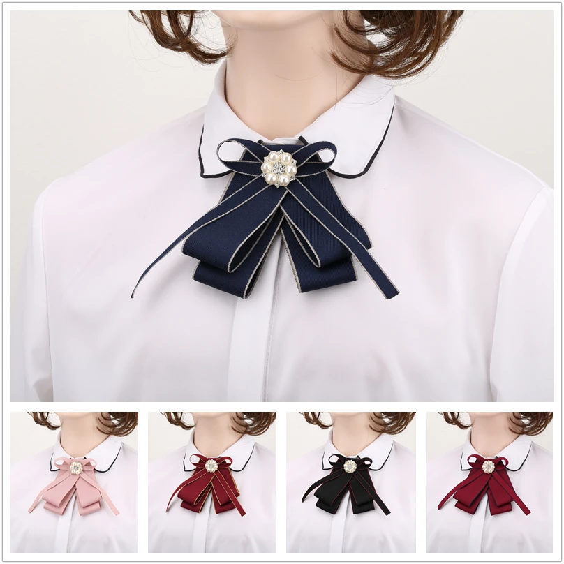 

Korean Fabric Bow Tie Cravat Brooch Crystal Pearl College Style Shirt Collar Pins for Women Fashion Brooches Jewelry Accessories