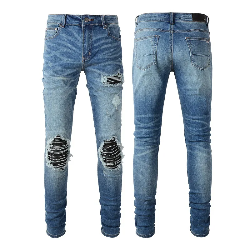

Men's Light Blue Ripped Denim Streetwear Fashion Distressed Skinny Stretch Destroyed Ribs Patches Jeans