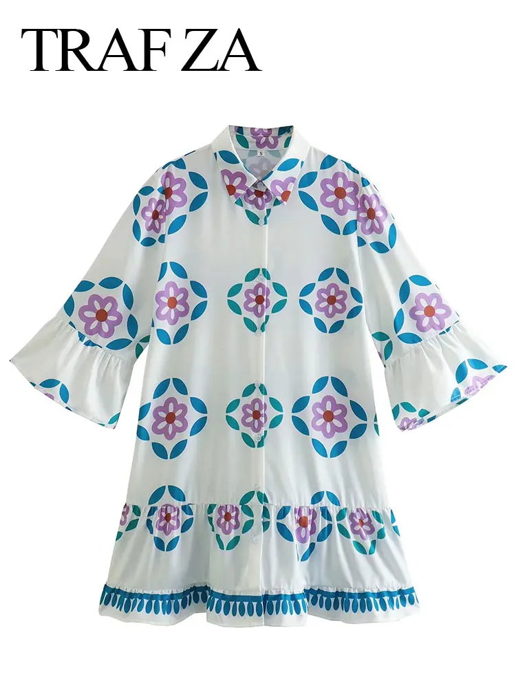 TRAF ZA Vintage Women's Print Dress Lapel Single Breasted Flared Sleeves Casual Loose Ruffle Hem Dress Elegant Lady Daily Wear
TRAF ZA Vintage Women's Print Dress Lapel Single Breasted Flared Sleeves Casual Loose Ruffle Hem Dress Elegant Lady Daily Wear
