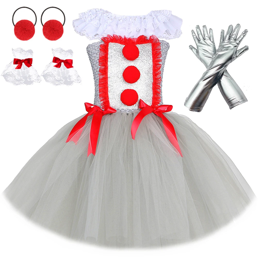 

Clown Pennywise Costume for Girls Halloween Clothes Creepy Gray Joker Cosplay Tutu Dress Children Fancy Carnival Party Dresses