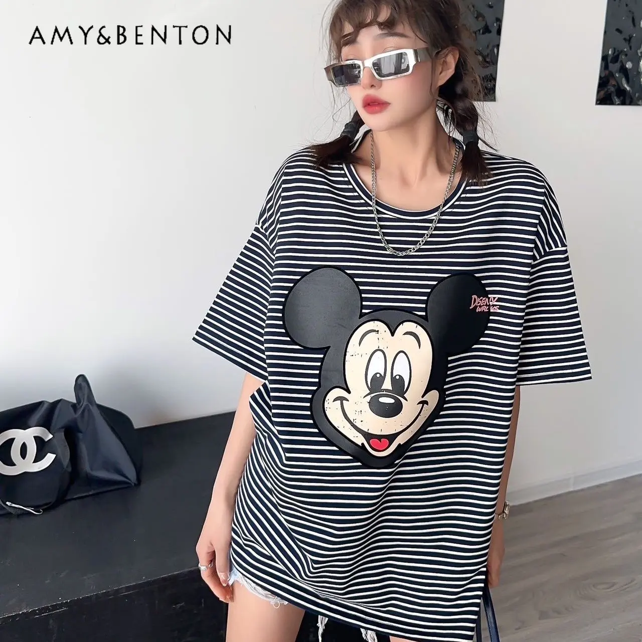 Summer Oversize Short Sleeve T-shirts Women's Classic Striped Cartoon Printed Mid-Length Loose Round Neck Base Half Sleeve Tops
Summer Oversize Short Sleeve T-shirts Women's Classic Striped Cartoon Printed Mid-Length Loose Round Neck Base Half Sleeve Tops