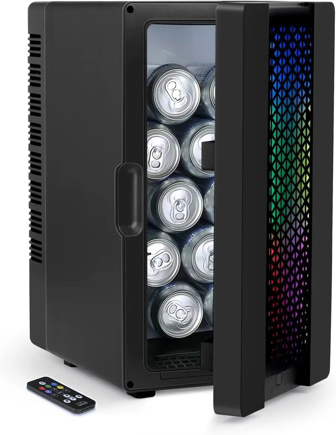 

CHILLER 10L Mini Fridge with Colorful LED Lights, 10 Cans Cooler Beverage Refrigerator, Upgrade Color-changing RGB Lights Contro