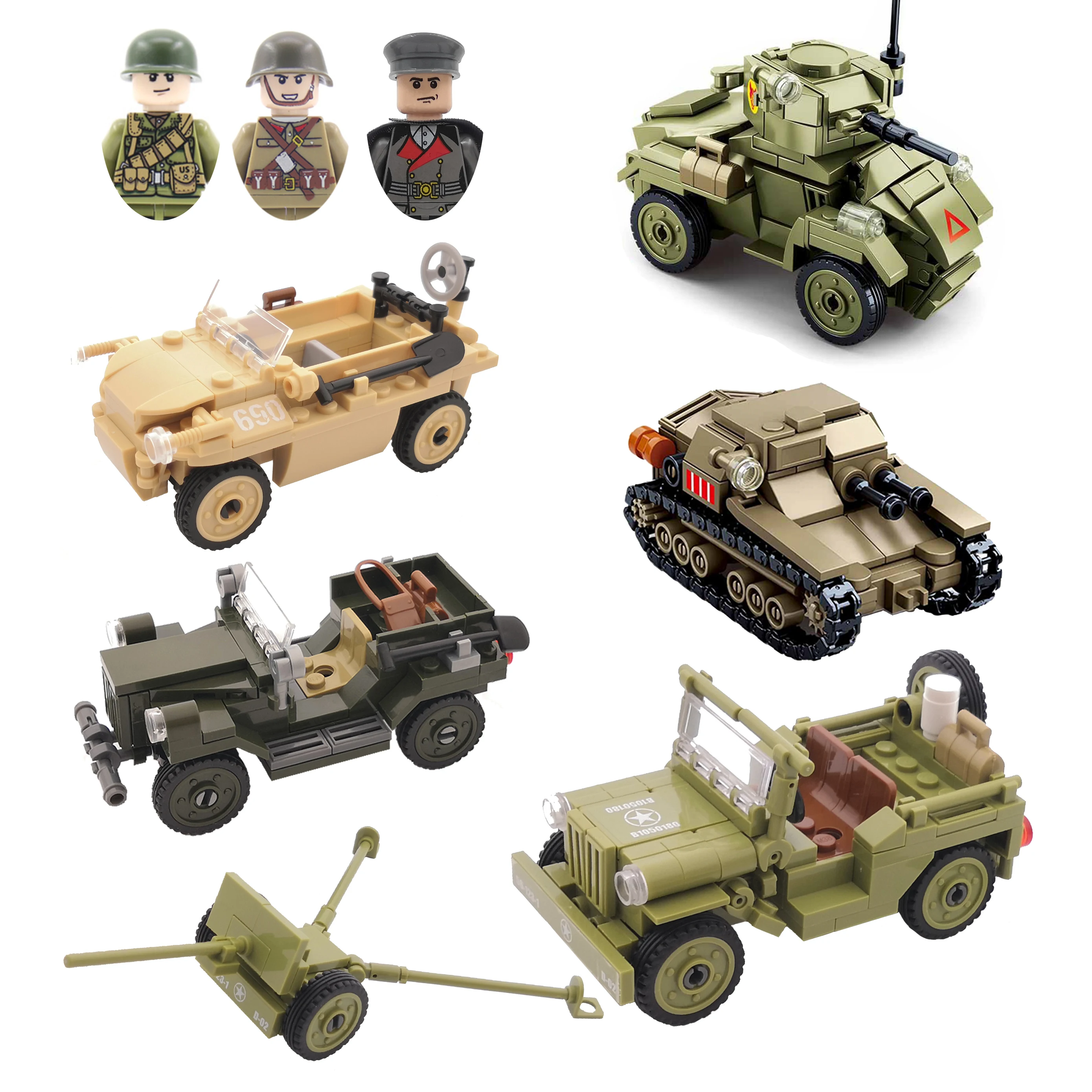 

WW2 Military Vehicles GAZ 67 US JEEP Tank Armored Car Soviet Russia Weapon Army Soldier Model Building Block Brick Children Toys