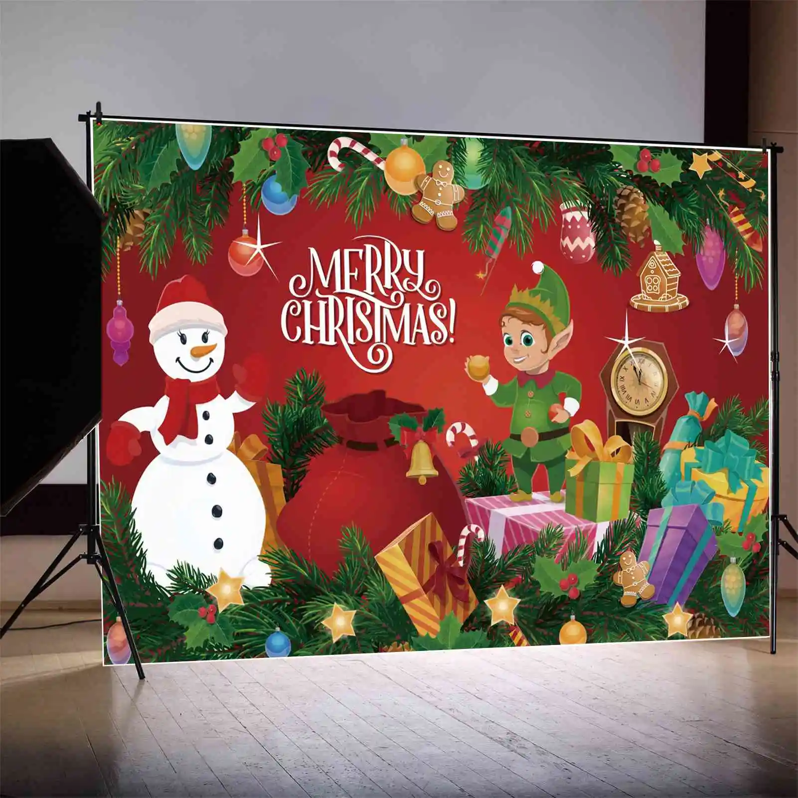 

MOON.QG Backdrop Merry Christmas Kids Party Banner Gift Bags Snowman Decoration Background Red Wall Green Pine Photo Booth Props