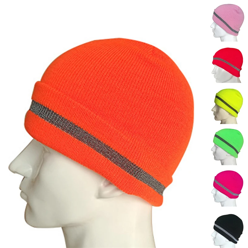 

Яркая Светоотражающая Шапка-бини яркого цвета, зимняя безопасная вязаная шапка для ночного бега, теплая шапка с манжетами, розовая, желтая, оранжевая, Черная