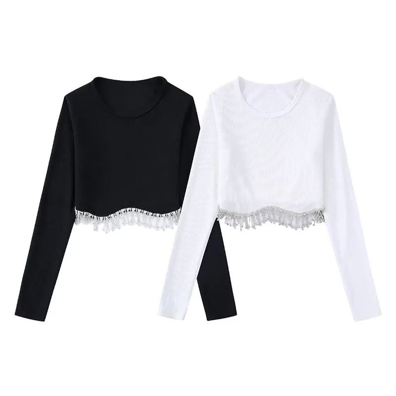 

2022 New Fashion Jewel-embellished Knitted Cropped Pullover Vintage Long-Sleeve Crew Neck Female Sweater Chic Tops