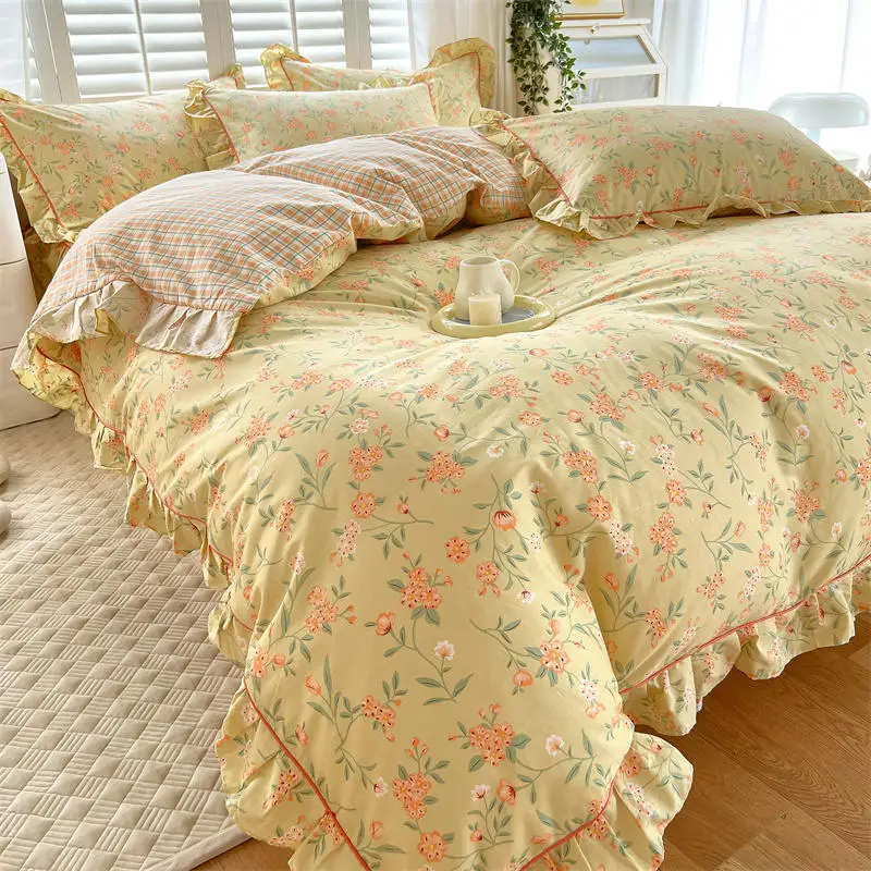 

Bonenjoy 1pc 100%Cotton Duvet Cover Yellow Flower Printed housse de couette Single/Queen/King Cotton Quilt Cover with Ruffles