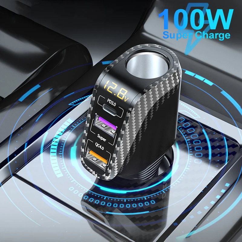 100W Car Charger PD 3.0/QC 4.0 Super Charge Cigarette Lighter Phone Charger Quick Charge 3-Socket Universal for 12V/24V
100W Car Charger PD 3.0/QC 4.0 Super Charge Cigarette Lighter Phone Charger Quick Charge 3-Socket Universal for 12V/24V