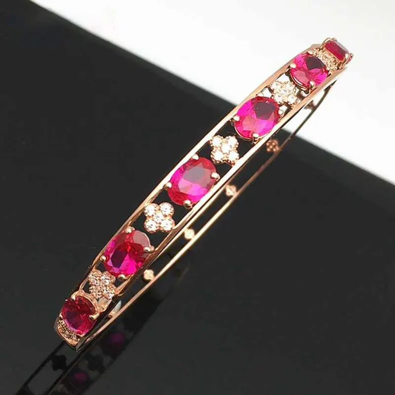 

Designer Creativity 585 Purple Gold Luxury Ruby Flower Bracelet for Women Plated 14K Rose Gold Wedding Bangles Banquet Jewelry