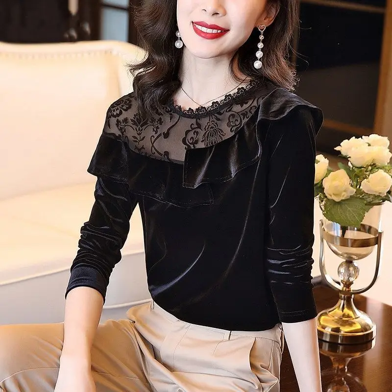 Black gold velvet top female long sleeves 2022 spring and autumn new fashion foreign -style high -end inner mesh bottom shirt
Black gold velvet top female long sleeves 2022 spring and autumn new fashion foreign -style high -end inner mesh bottom shirt