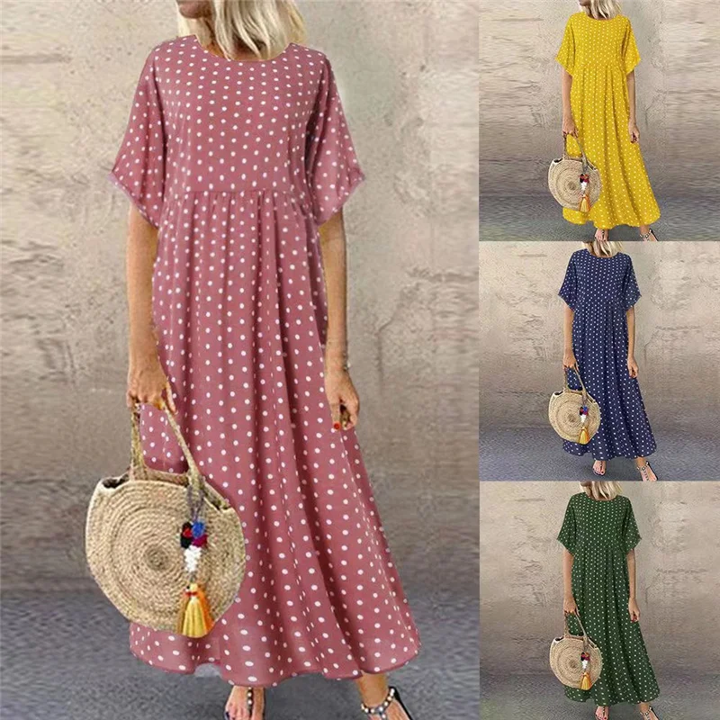 Wave Point Round Neck Short Sleeve Loose Long Skirt Basic Women Summer Printing Fashion Party Sexy Yellow Dresses
Wave Point Round Neck Short Sleeve Loose Long Skirt Basic Women Summer Printing Fashion Party Sexy Yellow Dresses