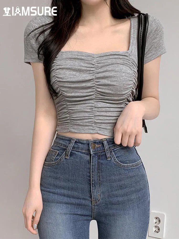 

IAMSURE Sexy Slim Solid Folds Cropped T Shirt Korean Style Basic Square Collar Short Sleeve Tees Women 2023 Summer Fashion Lady