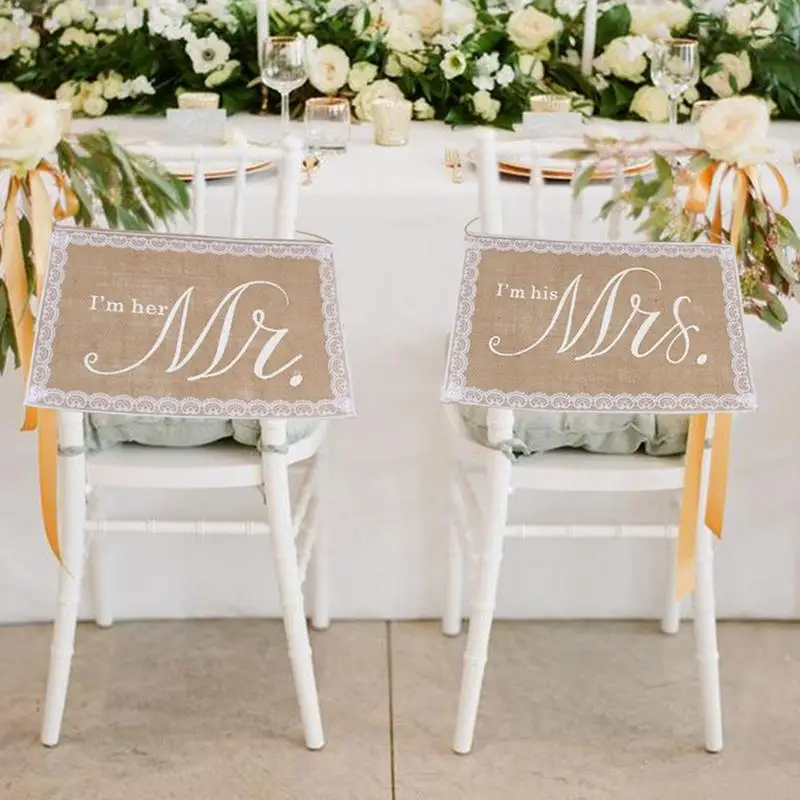 

Надпись на стул Mr. And Mrs., прочный шикарный баннер из мешковины, свадебный стул цвета хаки в рустикальном стиле для свадебной вечеринки, стул для невесты, жениха, декор для вечеринки