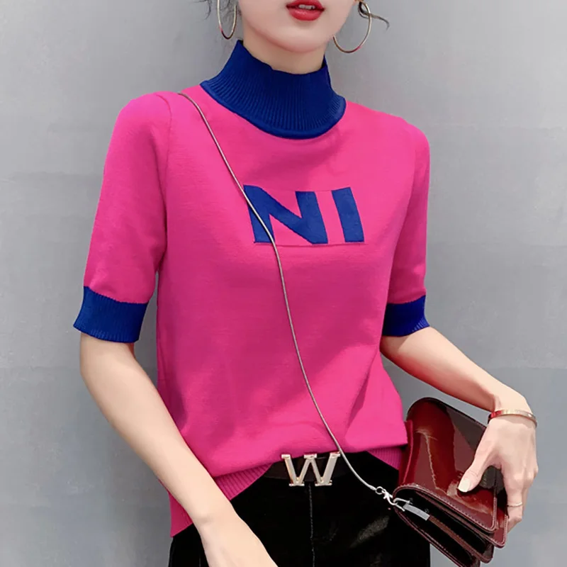 Spring Summer Ice Silk Knitting Letter Print T Shirt Half Sleeve Slim Contrast Patchwork Tops Tees Fashion Korean Women Clothing
Spring Summer Ice Silk Knitting Letter Print T Shirt Half Sleeve Slim Contrast Patchwork Tops Tees Fashion Korean Women Clothing