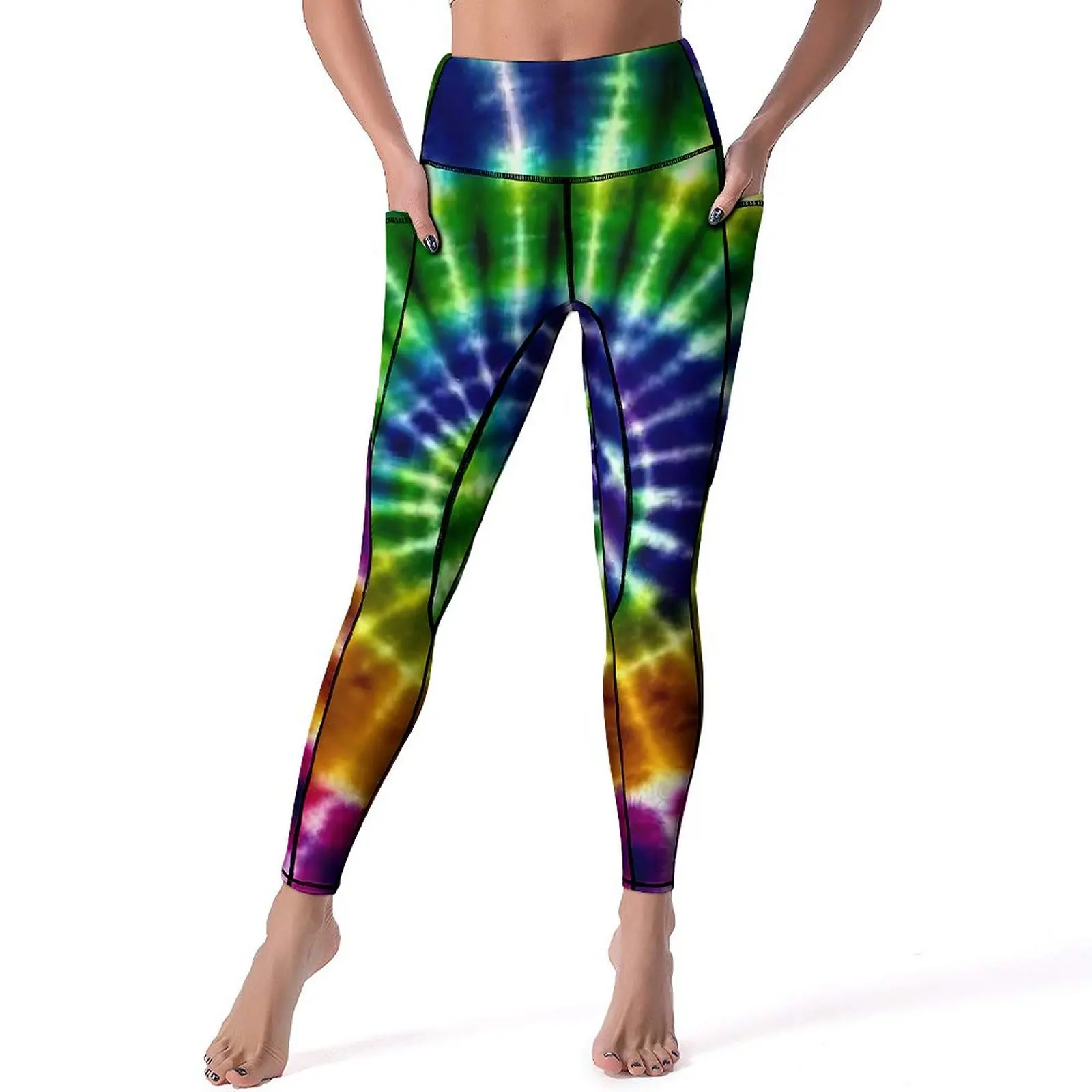 

Rainbow Tie-Dye Leggings Sexy Spiral Print Gym Yoga Pants Push Up Elastic Sports Tights Pockets Aesthetic Design Leggins