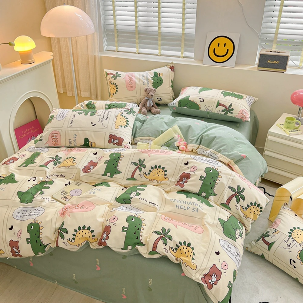 

Green Color Cartoon Print Duvet Cover 100%Cotton Flower Printed housse couette for Girl And Boy Pure Cotton Bed Cover Queen