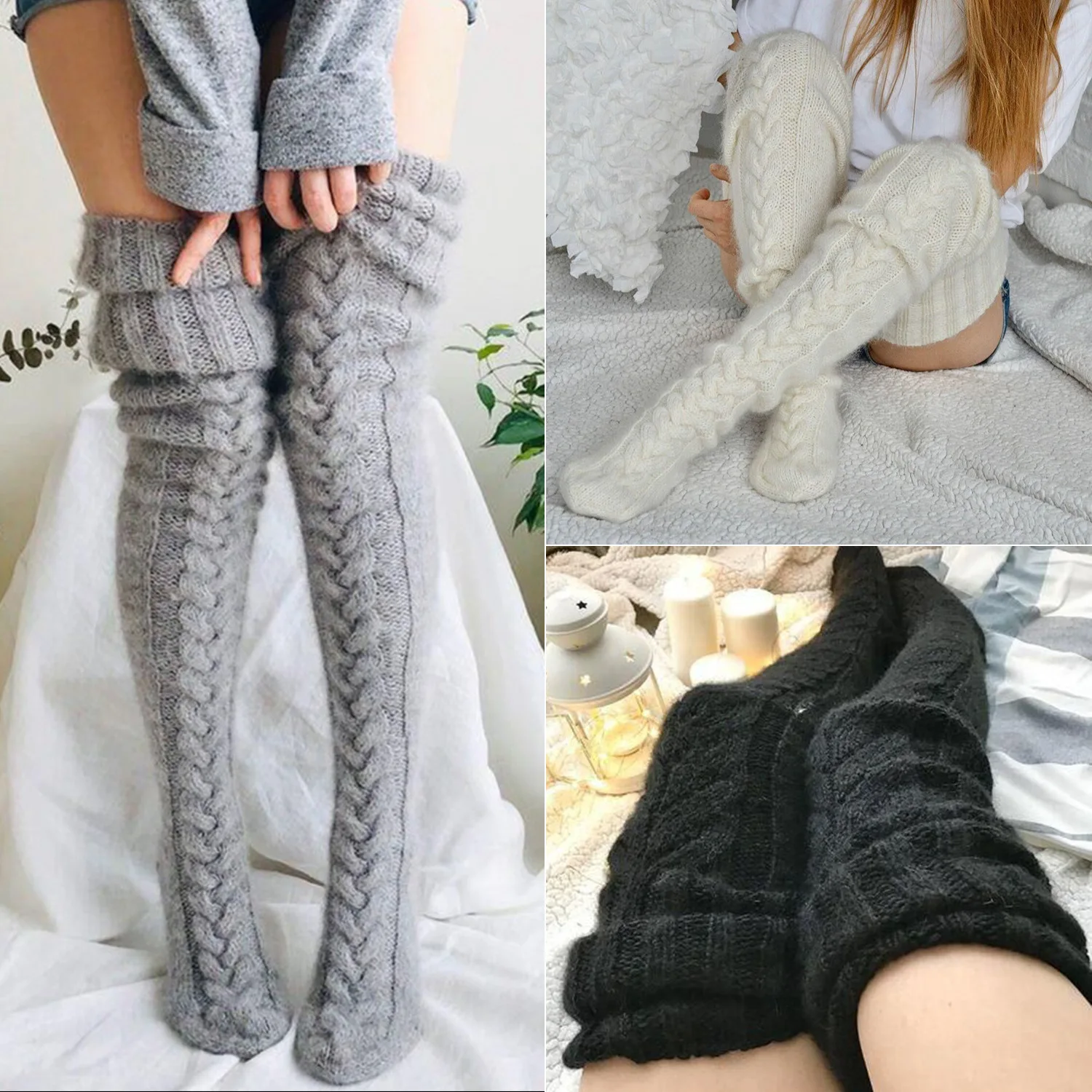 

Autumn Winter Female Thick Warm Leg Warmers Harajuku Thigh Stocks Solid Color Knitted Over Knee Long Socks for Women Lolita