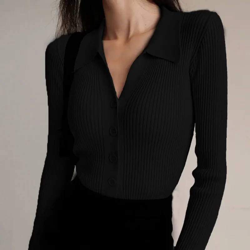 Women Bottoming Women 2022 Lapel Cardigan Long Sleeve POLO V Neck Knit Ladies Sexy Hollow Buttons Sweater Slim Slimming Tops New
Women Bottoming Women 2022 Lapel Cardigan Long Sleeve POLO V Neck Knit Ladies Sexy Hollow Buttons Sweater Slim Slimming Tops New