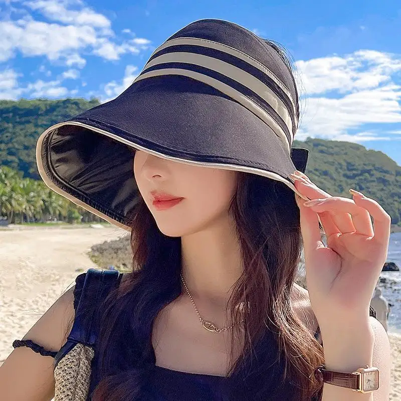 

UPF50+ Vinyl Sun Hat Stripe Woman Wide Brim UV Protection Foldable Casual Sunhat Summer Outdoor Beach Lady Sunscreen Bucket Cap
