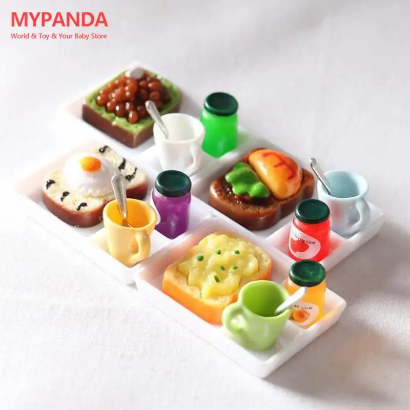 

New 5pcs/set Dollhouse MIniature Toast Bread Jam Dinner Plate Cup Spoon For Doll House Play Kitchen Accessoreis