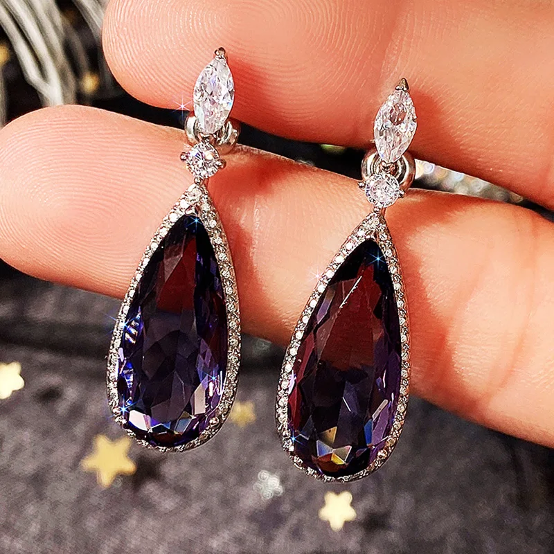 

Big Teardrop Purple Stone Dangle Drop Earrings High Quality Silver Color Gorgeous Women Accessories Wedding Trend Hot Jewelry