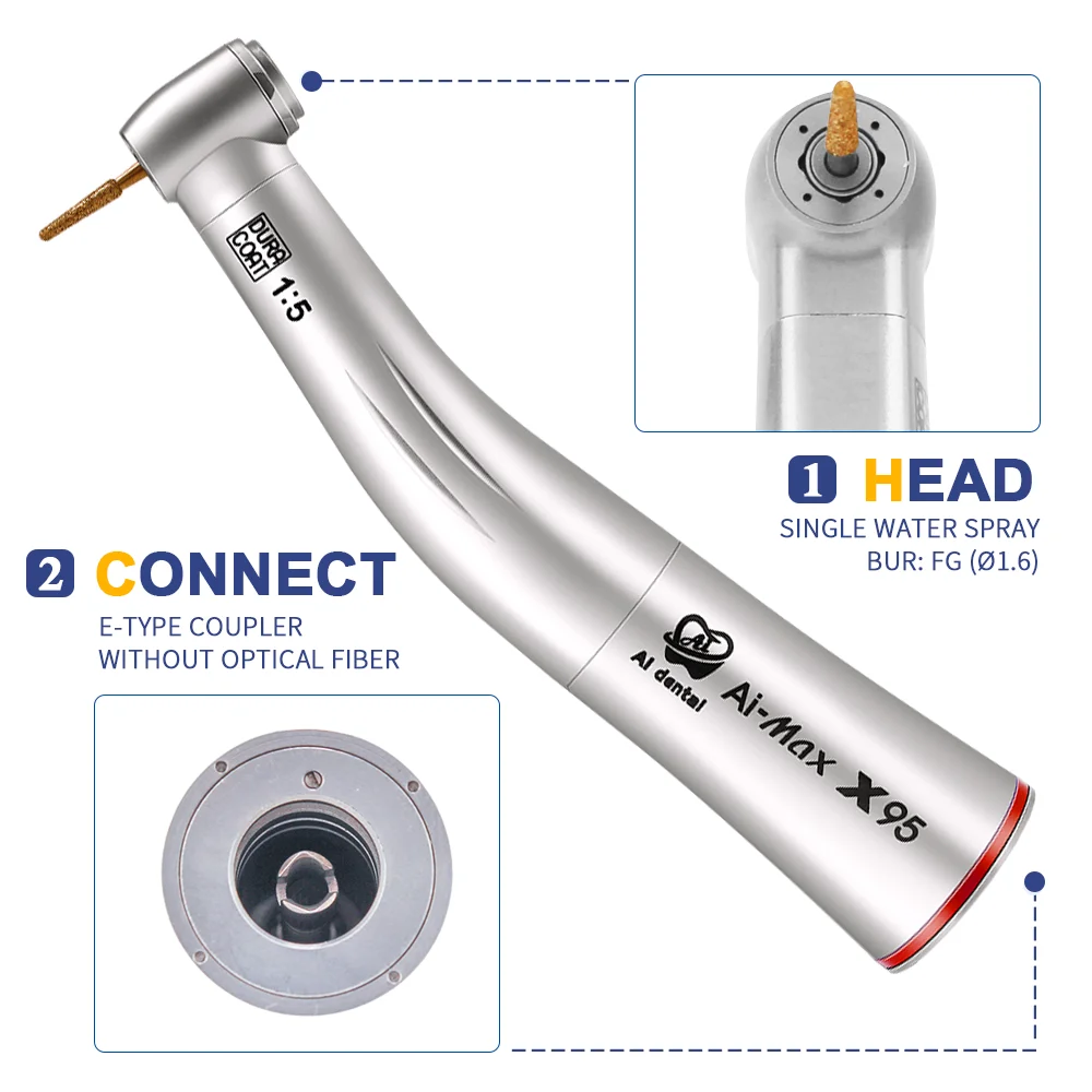 Dental Equipment 1:5 Contra Angle Electric Handpiece X95 Dental High Speed Red Ring Internal Water without LED Light for FG Burs
Dental Equipment 1:5 Contra Angle Electric Handpiece X95 Dental High Speed Red Ring Internal Water without LED Light for FG Burs