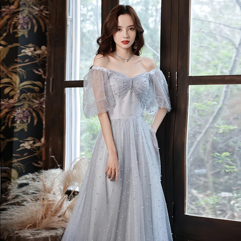 Gray Square Collar Puff Sleeve Evening Dresses New Temperament Slim Long Birthday Party Banquet Dress Tulle Beaded Prom Gown
Gray Square Collar Puff Sleeve Evening Dresses New Temperament Slim Long Birthday Party Banquet Dress Tulle Beaded Prom Gown