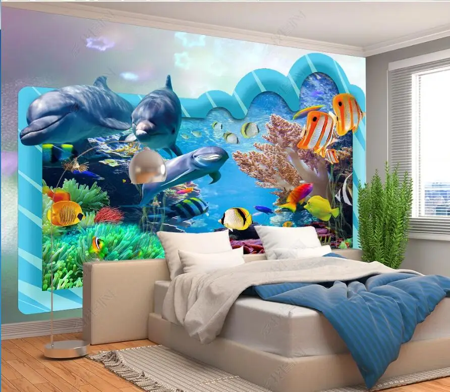 

3d photo wallpapers custom mural Hd Ocean Bottom world dolphin fish background living room home decor wallpaper for walls 3d