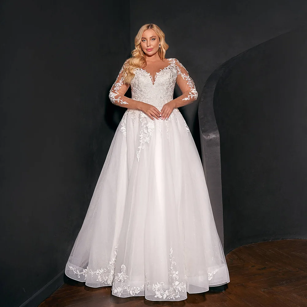 Elegant Plus Size Wedding Gowns Sweep Train Long Sleeves Bride Dress Tulle A-line Country Lace Bridal Gown Vestido de Novia
Elegant Plus Size Wedding Gowns Sweep Train Long Sleeves Bride Dress Tulle A-line Country Lace Bridal Gown Vestido de Novia