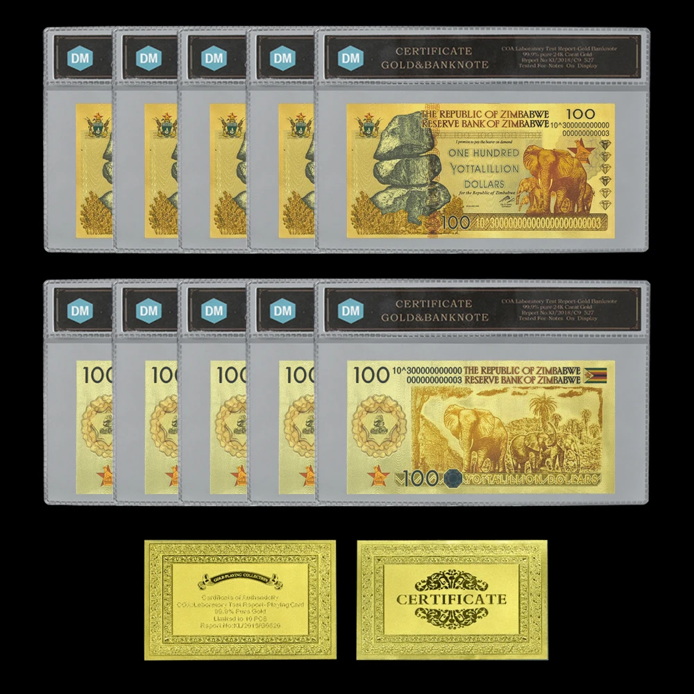 10pcs/lot One Hundred Yottalillion Dollars Zimbabwe Gold Foil Banknotes Fake Money with Plastic Card Holder Home Decoration
10pcs/lot One Hundred Yottalillion Dollars Zimbabwe Gold Foil Banknotes Fake Money with Plastic Card Holder Home Decoration