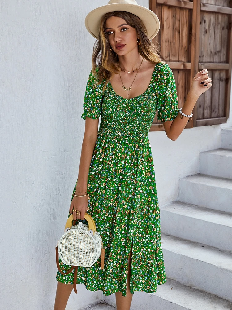 

Spring and summer long printed dress women Bohemian short-sleeved high waist floral dress ladies 2023 round neck swing skirt