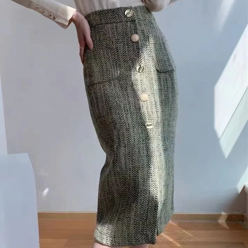 French Style Winter Tweed Woolen Pencil Skirts Women High Waist Single Breasted OL Small Fragrance 
French Style Winter Tweed Woolen Pencil Skirts Women High Waist Single Breasted OL Small Fragrance