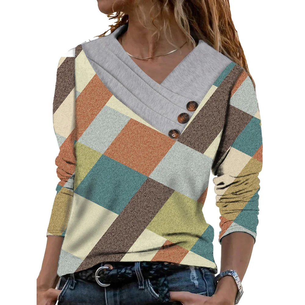 Fashion Geometry Button T-shirt Women Spring Autumn Long Sleeve Sweaters Casual V Neck Color Block Knit Pullover Tops Lady Cloth
Fashion Geometry Button T-shirt Women Spring Autumn Long Sleeve Sweaters Casual V Neck Color Block Knit Pullover Tops Lady Cloth