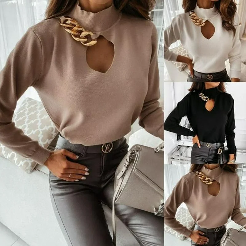 2022 Spring Long Sleeve Turtleneck Chain Decorative Hollow Bottoming Shirt Top Women Blouses White Polo Shirt Women
2022 Spring Long Sleeve Turtleneck Chain Decorative Hollow Bottoming Shirt Top Women Blouses White Polo Shirt Women