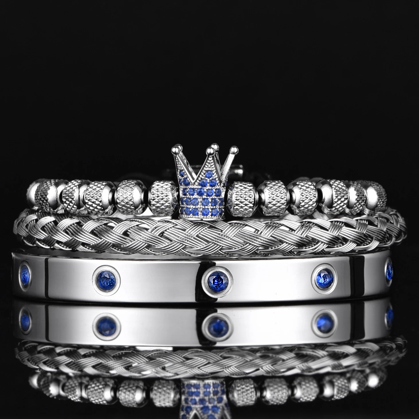 Luxury Micro Pave Blue CZ Crown Royal Charm Men Bracelets Stainless Steel Crystals Bangles Set Couple Handmade Jewelry Gift 
Luxury Micro Pave Blue CZ Crown Royal Charm Men Bracelets Stainless Steel Crystals Bangles Set Couple Handmade Jewelry Gift