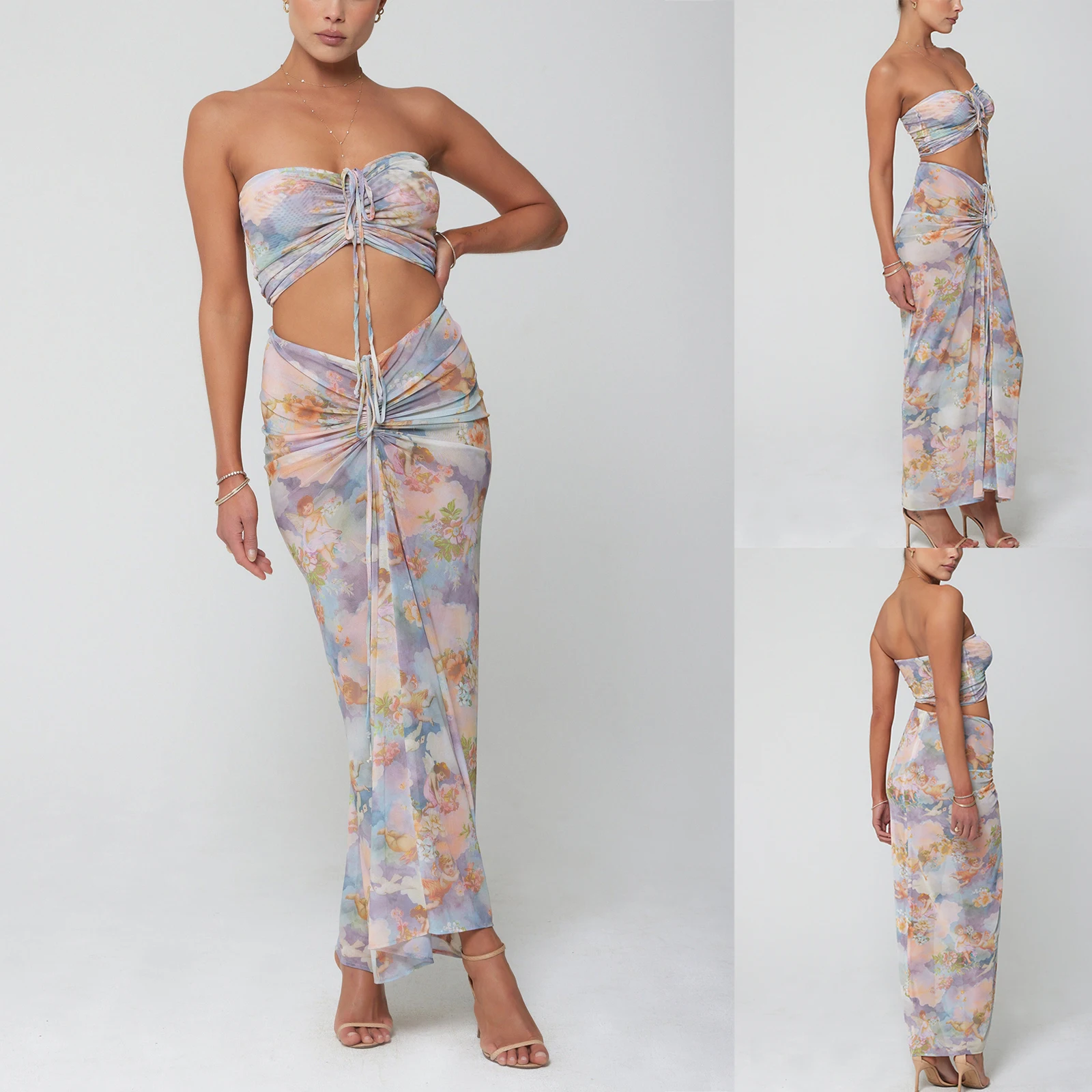 New Fashion Women 2pc Outfits Spaghetti Strap Outfits Floral Ruched Mesh Bandeau Top And Elastic Long Skirt Summer
New Fashion Women 2pc Outfits Spaghetti Strap Outfits Floral Ruched Mesh Bandeau Top And Elastic Long Skirt Summer